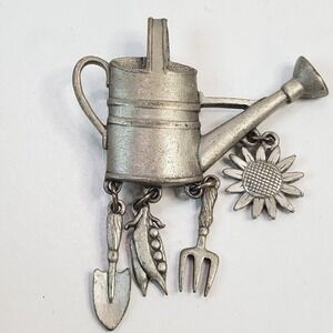 Vintage Signed JJ Pewter Tone Watering Can with Tools Garden Brooch Pin